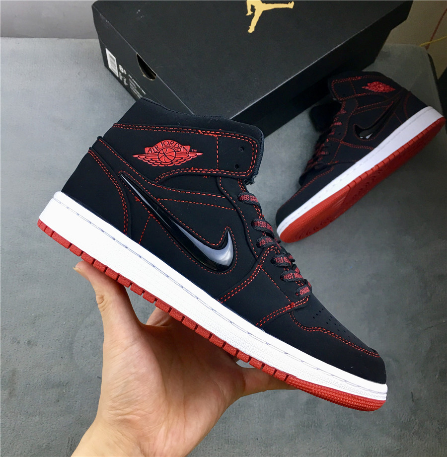 2019 Men Air Jordan 1 Mid Fearless Black Red White Shoes - Click Image to Close